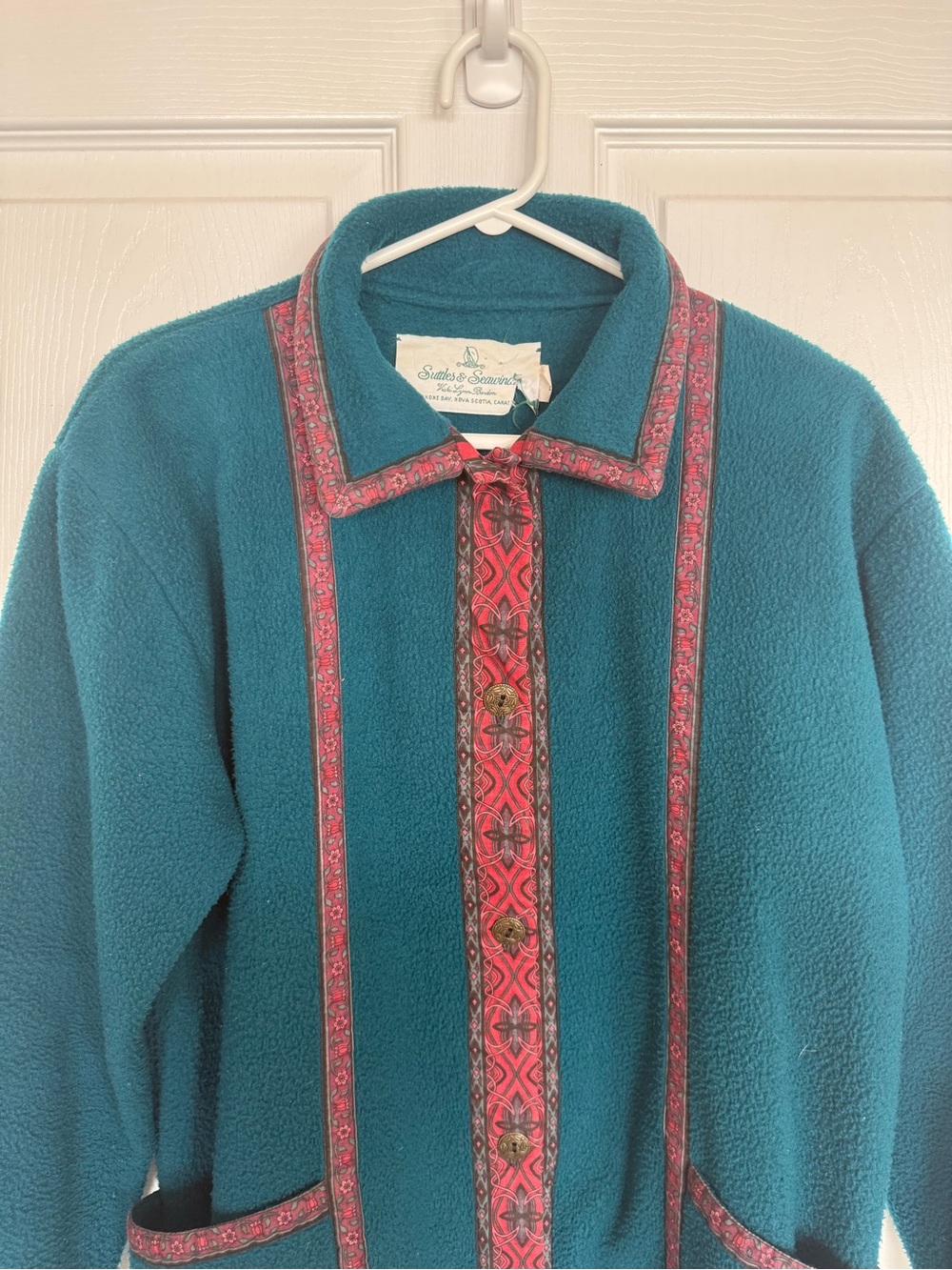 Teal Fleece Jacket with Red Trim - Women's Cozy Coat - Picture 6 of 8